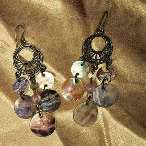 Bronze & pearl circle dangle earrings